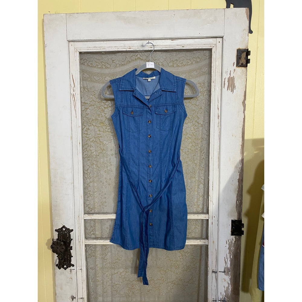 Speed Limit MPH Denim Sleeveless Button Front Belted Mini Shirt Dress Size 7